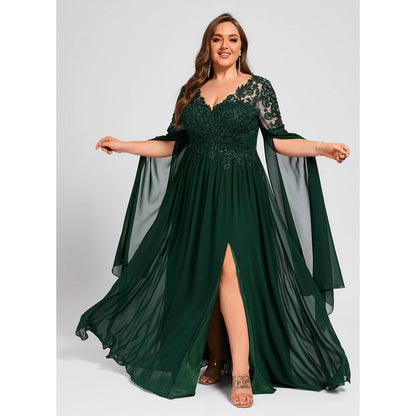 Elegant A-Line Long Sleeve Embroidered Emerald Mother of the Bride Gown
