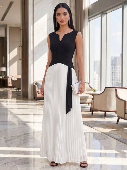 Elegant A-Line Notch Sleeveless Pleated Bicolor Black Maxi Prom Dresses Women