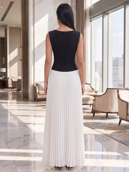 Elegant A-Line Notch Sleeveless Pleated Bicolor Black Maxi Prom Dresses Women