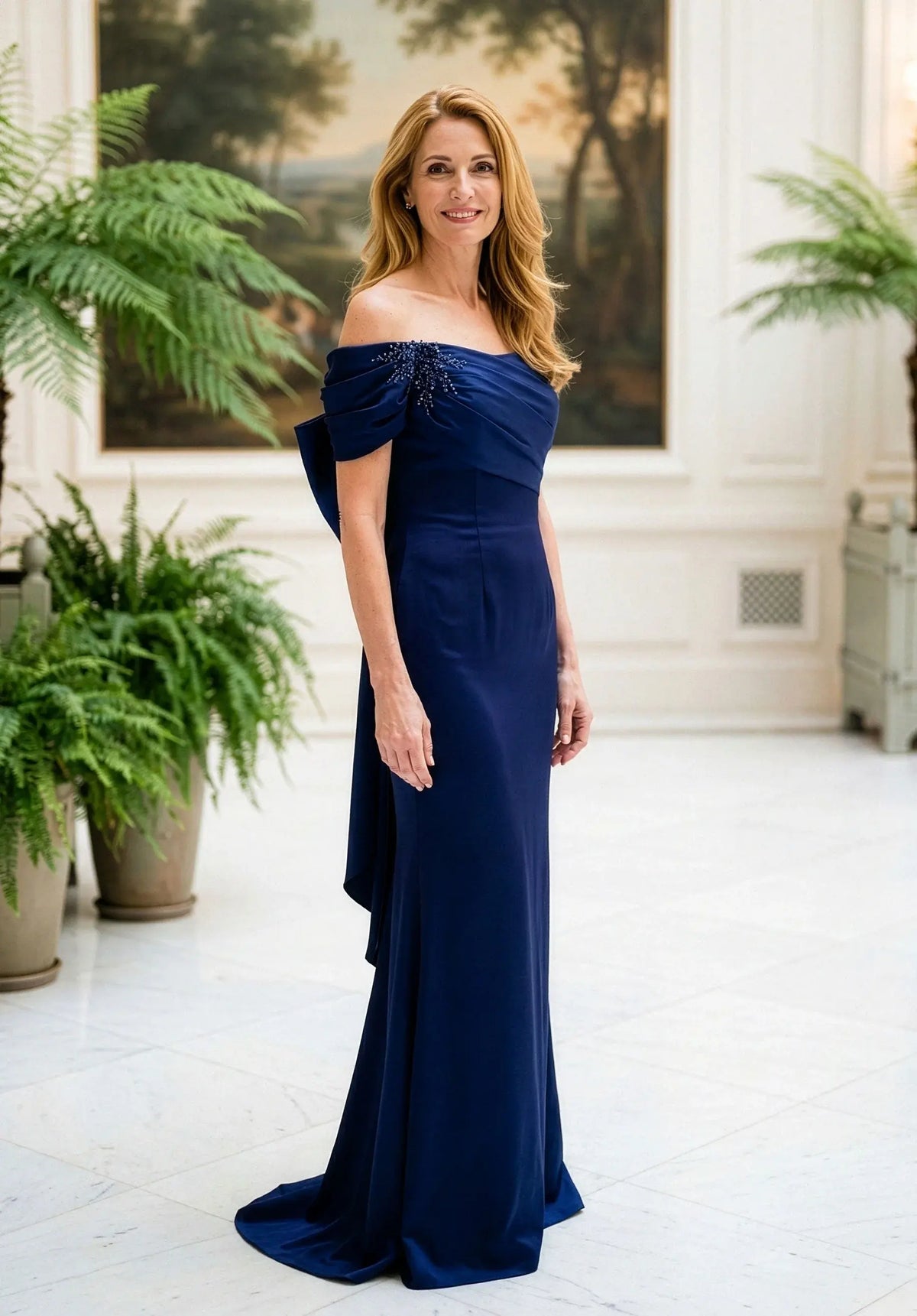 Elegant A-Line Off-Shoulder Beaded Bow-Back Navy Floor-Length Mother of the Bride Gown