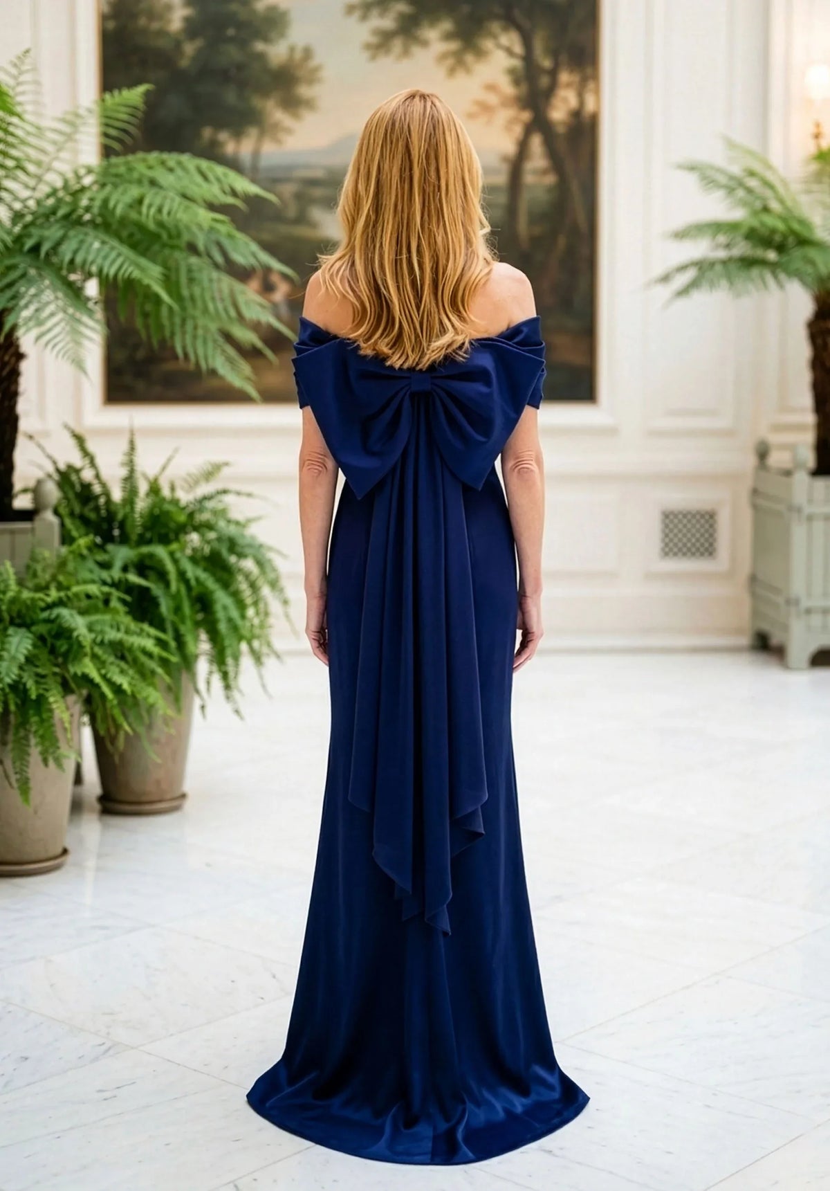 Elegant A-Line Off-Shoulder Beaded Bow-Back Navy Floor-Length Mother of the Bride Gown