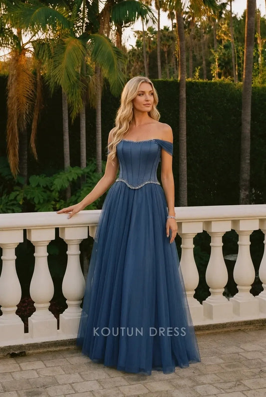 Elegant A-Line Off-Shoulder Beaded Dusty Blue Floor-Length Prom Dress Women's Gown