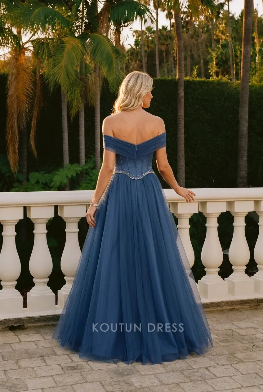 Elegant A-Line Off-Shoulder Beaded Dusty Blue Floor-Length Prom Dress Women's Gown