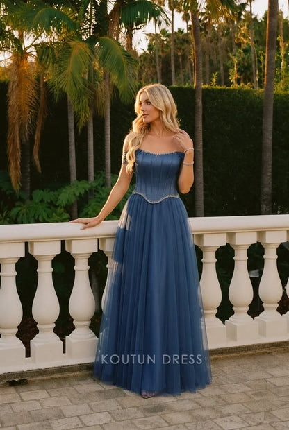Elegant A-Line Off-Shoulder Beaded Dusty Blue Floor-Length Prom Dress Women's Gown