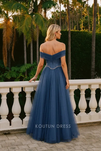 Elegant A-Line Off-Shoulder Beaded Dusty Blue Floor-Length Prom Dress Women's Gown