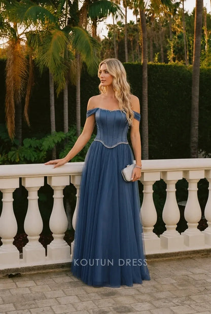Elegant A-Line Off-Shoulder Beaded Dusty Blue Floor-Length Prom Dress Women's Gown
