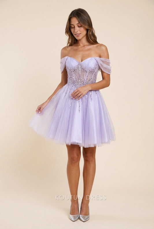 Elegant A-Line Off-Shoulder Beaded Glittery Lavender Short Homecoming Dresses