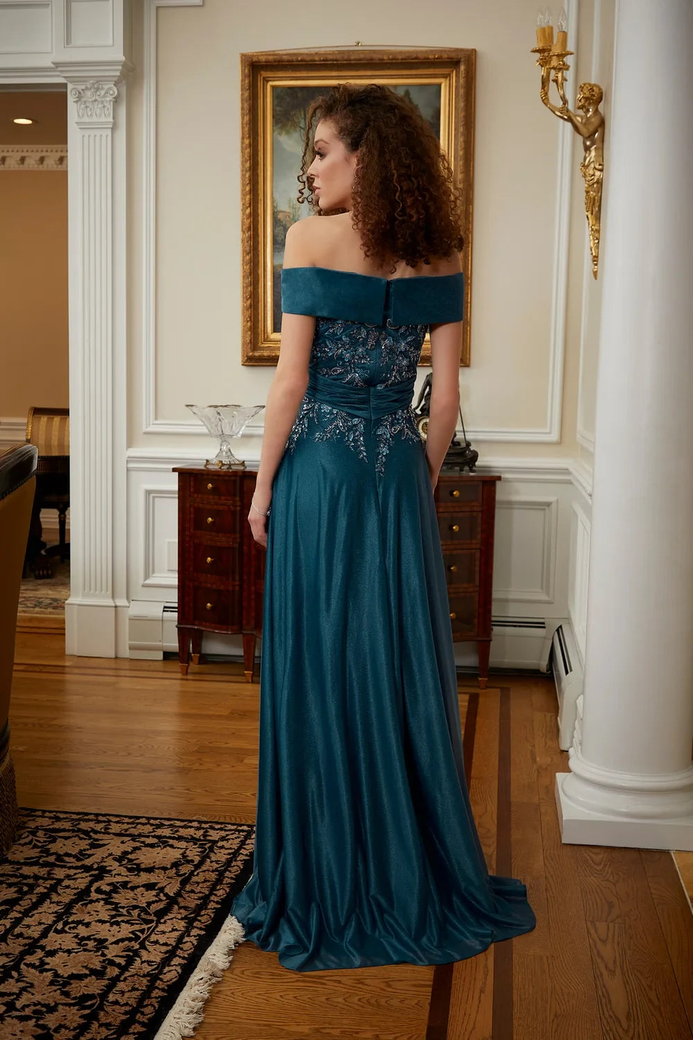 Elegant A-Line Off-Shoulder Beaded Teal Floor-Length Mother Of The Bride Gown