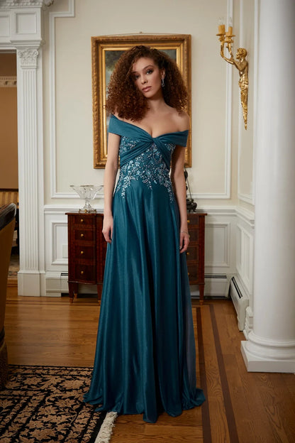 Elegant A-Line Off-Shoulder Beaded Teal Floor-Length Mother of the Bride Gown