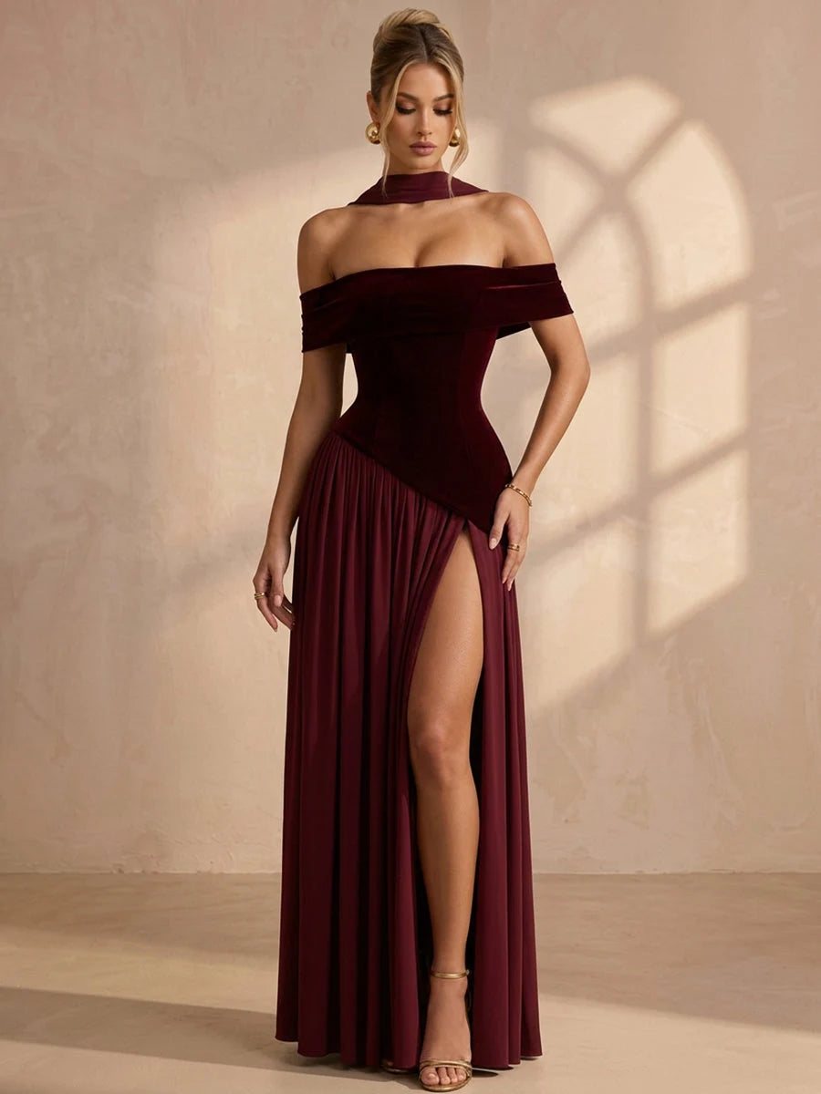Elegant A-Line Off-Shoulder Cap-Sleeve Pleated Slit Burgundy Maxi Prom Dresses Women