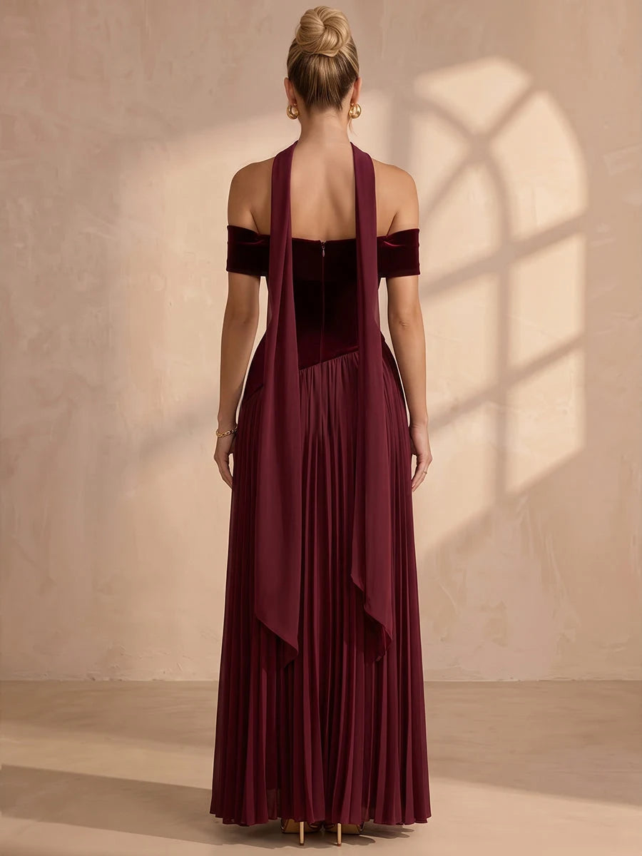 Elegant A-Line Off-Shoulder Cap-Sleeve Pleated Slit Burgundy Maxi Prom Dresses Women