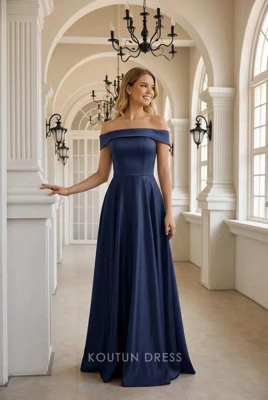 Elegant A-Line Off-Shoulder Corset Back Navy Blue Long Prom Dresses Gown