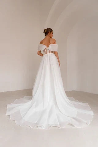 Elegant A-Line Off-Shoulder Corset Flowy White Floor-Length Wedding Gown for Brides
