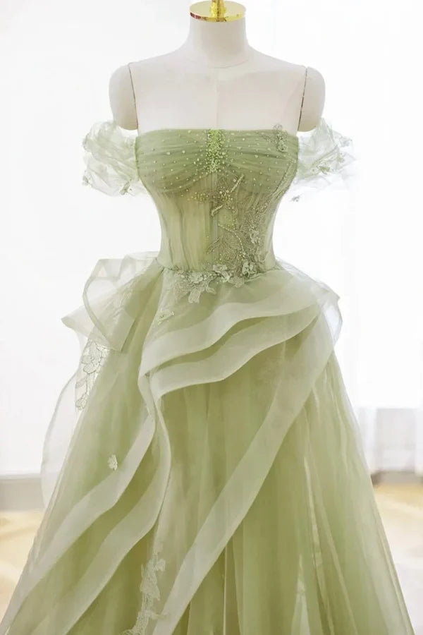 Elegant A-Line Off-Shoulder Corset Ruffled Green Floor-Length Prom Dress Women's Gown