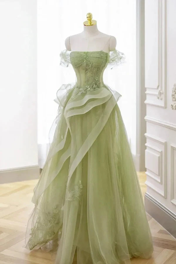 Elegant A-Line Off-Shoulder Corset Ruffled Green Floor-Length Prom Dress Women's Gown