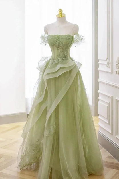 Elegant A-Line Off-Shoulder Corset Ruffled Green Floor-Length Prom Dress Women's Gown