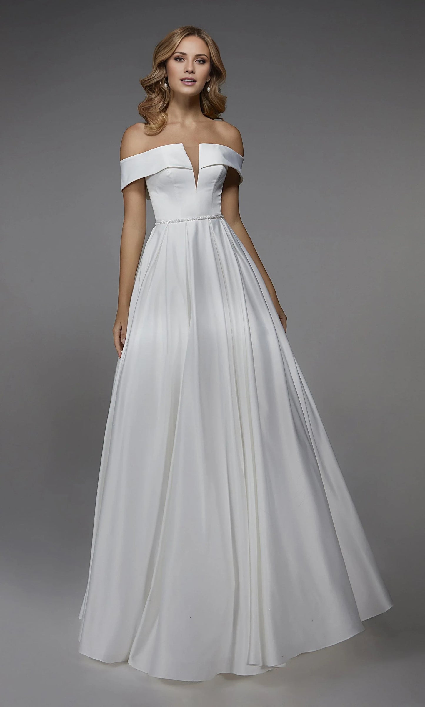 Elegant A-Line Off-Shoulder Deep V-Neck White Floor-Length Wedding Gown