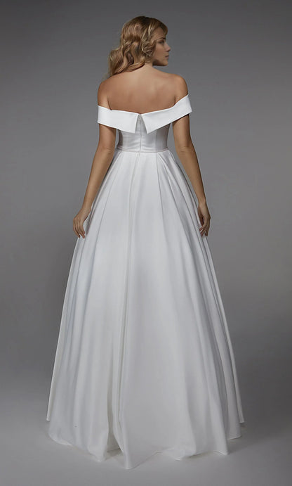 Elegant A-Line Off-Shoulder Deep V-Neck White Floor-Length Wedding Gown