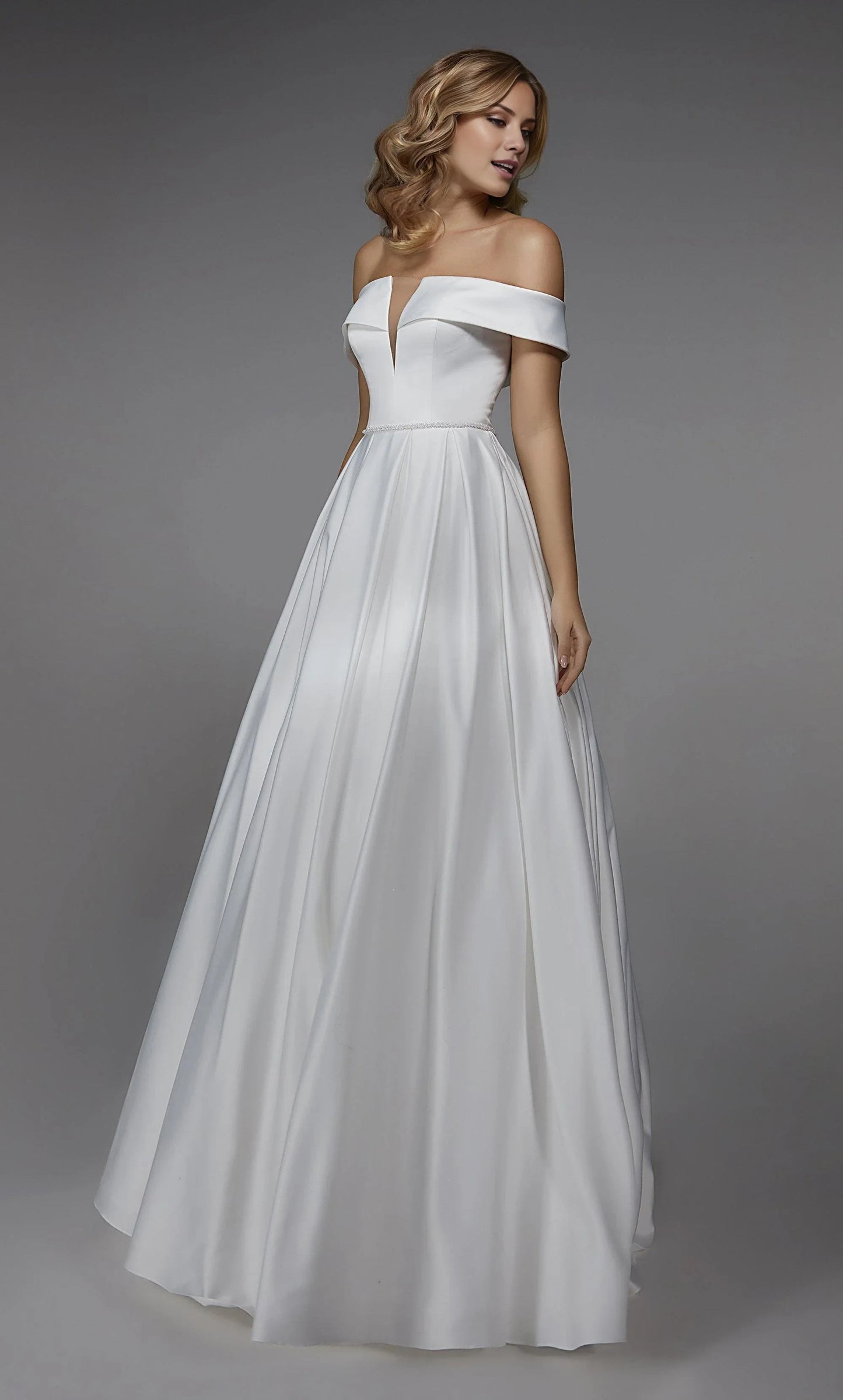 Elegant A-Line Off-Shoulder Deep V-Neck White Floor-Length Wedding Gown