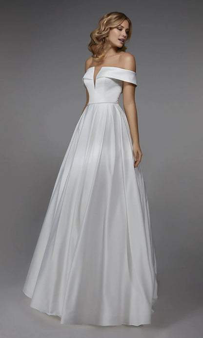 Elegant A-Line Off-Shoulder Deep V-Neck White Floor-Length Wedding Gown
