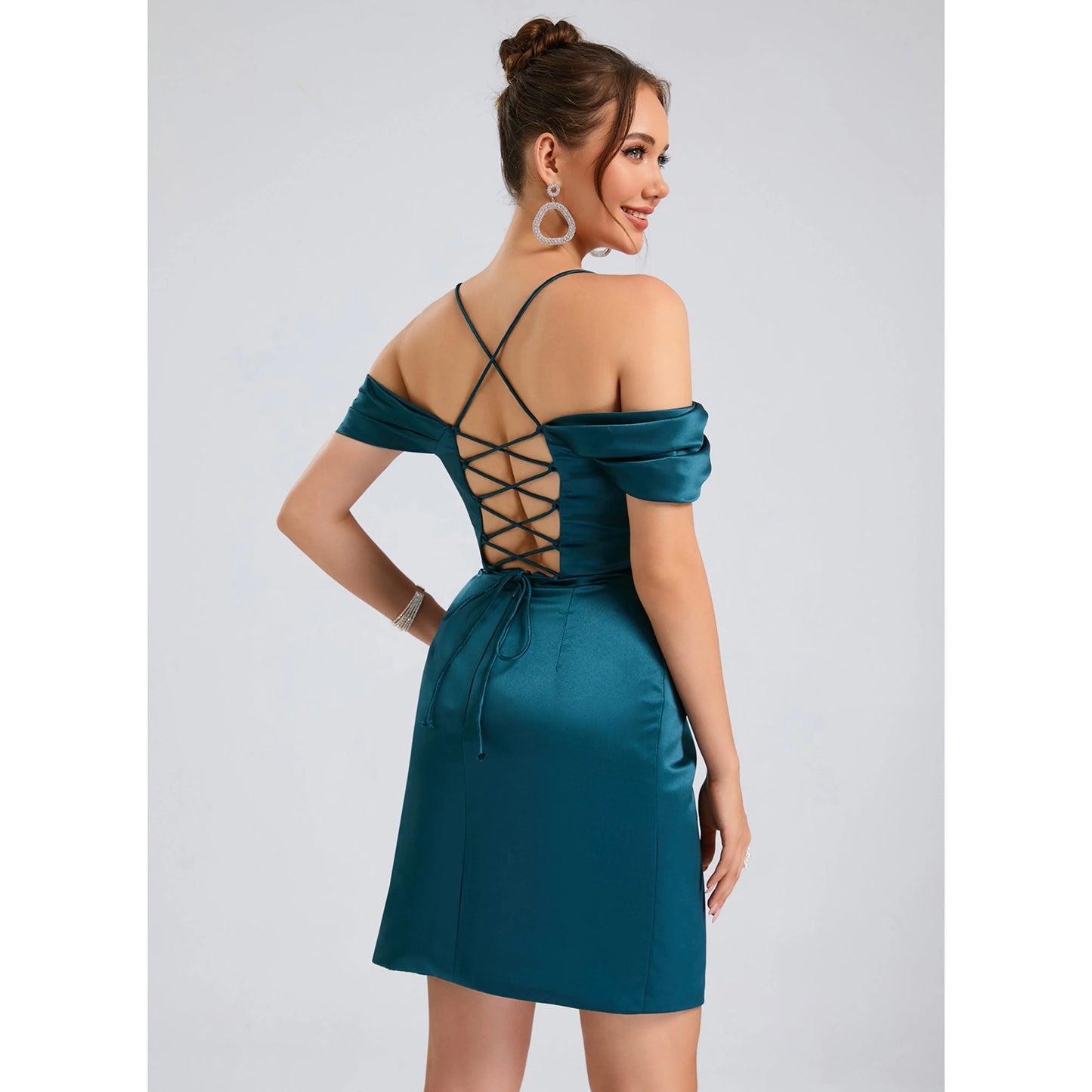 Elegant A-Line Off-Shoulder Draped Asymmetrical Teal Short Homecoming Dress