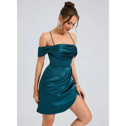 Elegant A-Line Off-Shoulder Draped Asymmetrical Teal Short Homecoming Dress