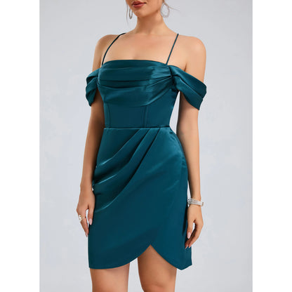Elegant A-Line Off-Shoulder Draped Asymmetrical Teal Short Homecoming Dress