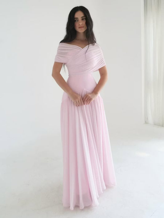 Elegant A-Line Off-Shoulder Draped Flowy Blush Pink Floor-Length Prom Dresses Gown