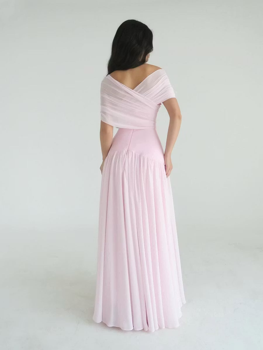 Elegant A-Line Off-Shoulder Draped Flowy Blush Pink Floor-Length Prom Dresses Gown