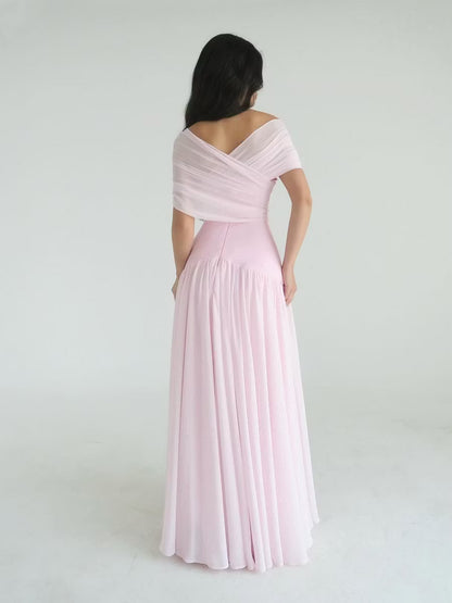 Elegant A-Line Off-Shoulder Draped Flowy Blush Pink Floor-Length Prom Dresses Gown