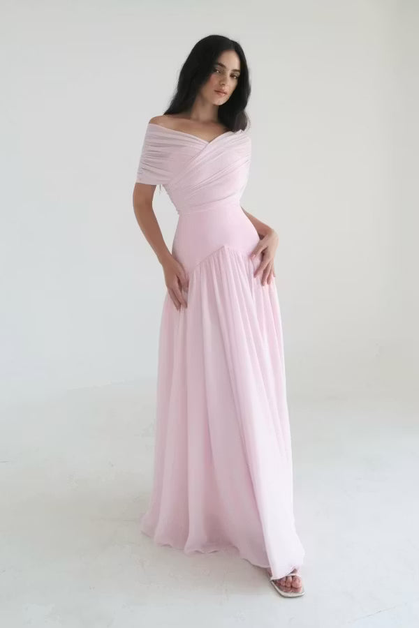 Elegant A-Line Off-Shoulder Draped Flowy Blush Pink Floor-Length Prom Dresses Gown