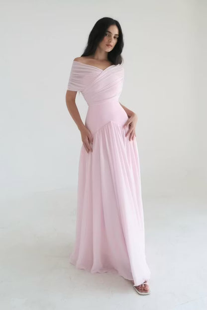 Elegant A-Line Off-Shoulder Draped Flowy Blush Pink Floor-Length Prom Dresses Gown