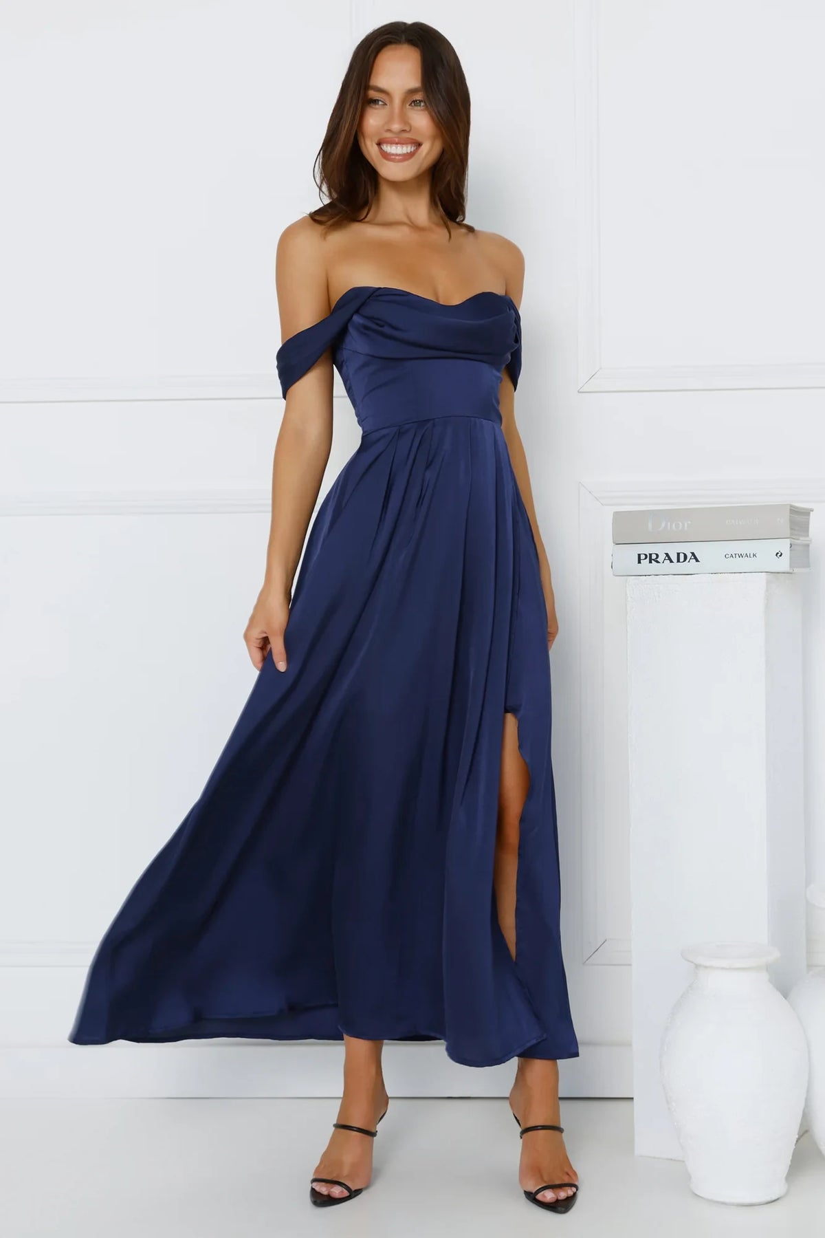 Elegant A-Line Off-Shoulder Draped Navy Blue Midi Prom Dress