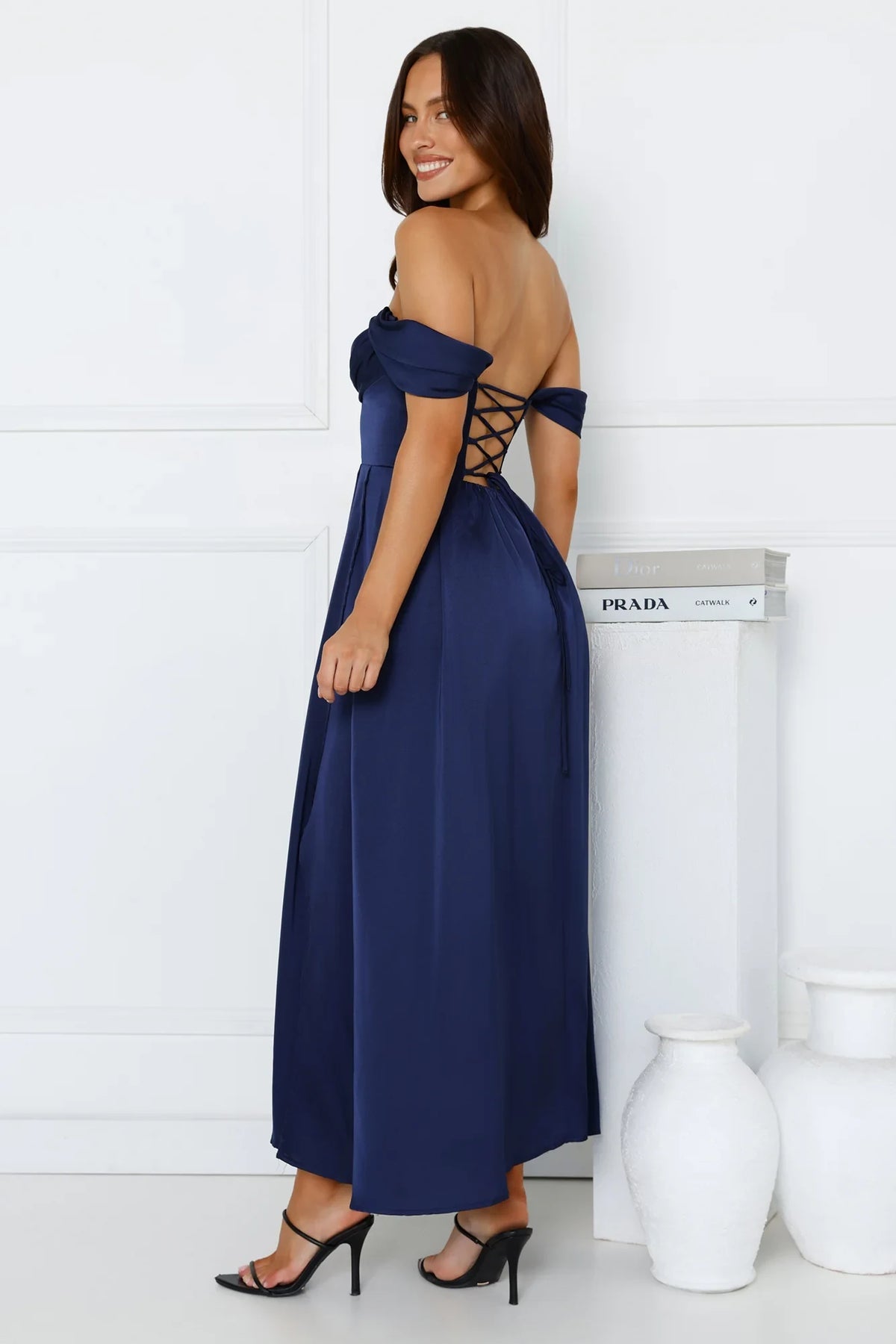 Elegant A-Line Off-Shoulder Draped Navy Blue Midi Prom Dress