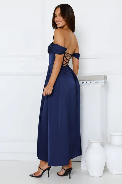 Elegant A-Line Off-Shoulder Draped Navy Blue Midi Prom Dress