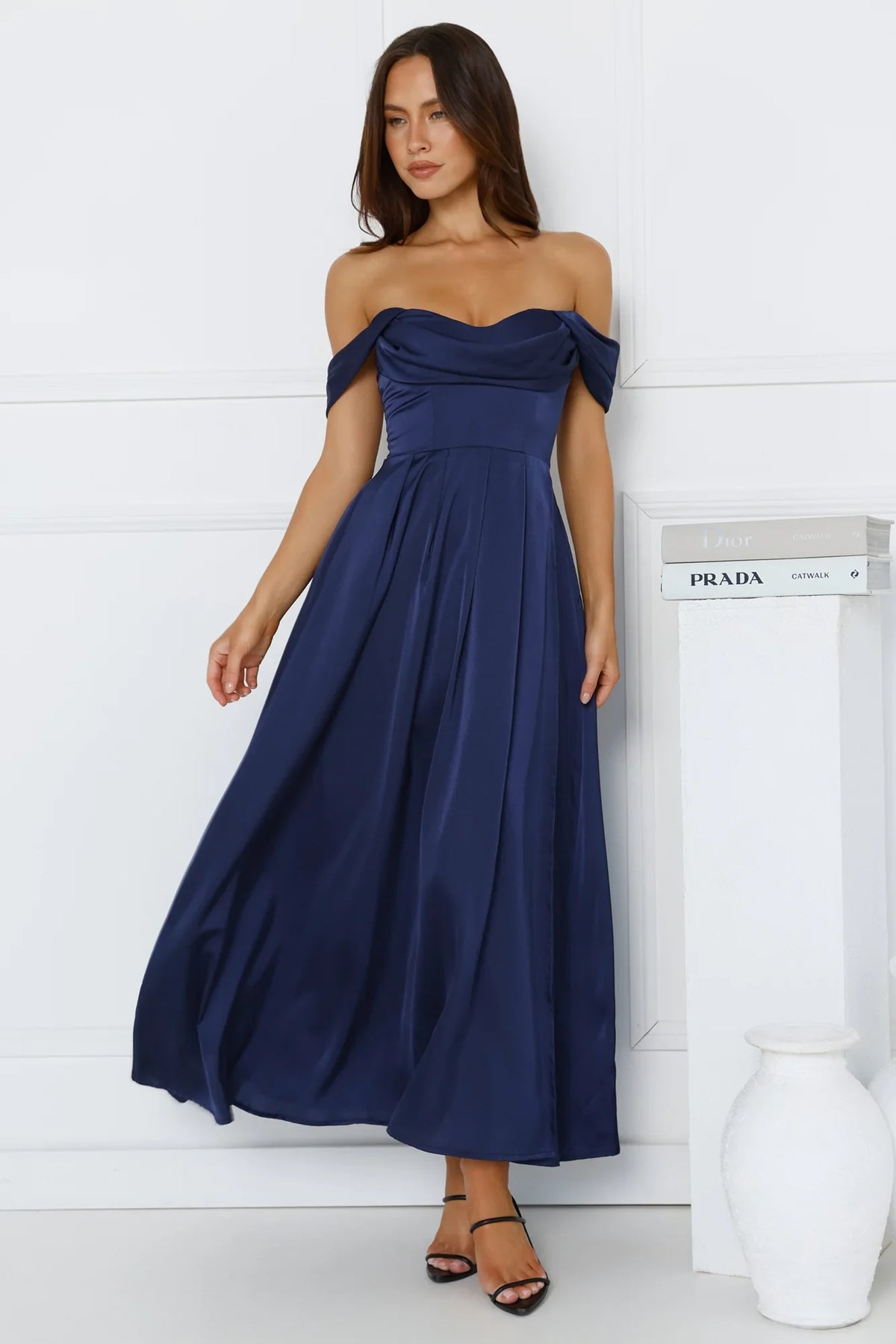 Elegant A-Line Off-Shoulder Draped Navy Blue Midi Prom Dress