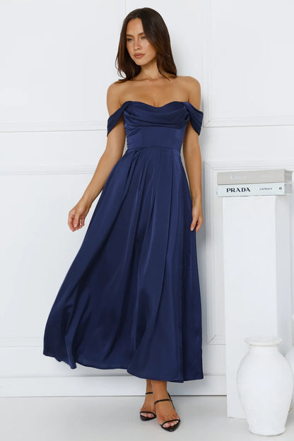 Elegant A-Line Off-Shoulder Draped Navy Blue Midi Prom Dress