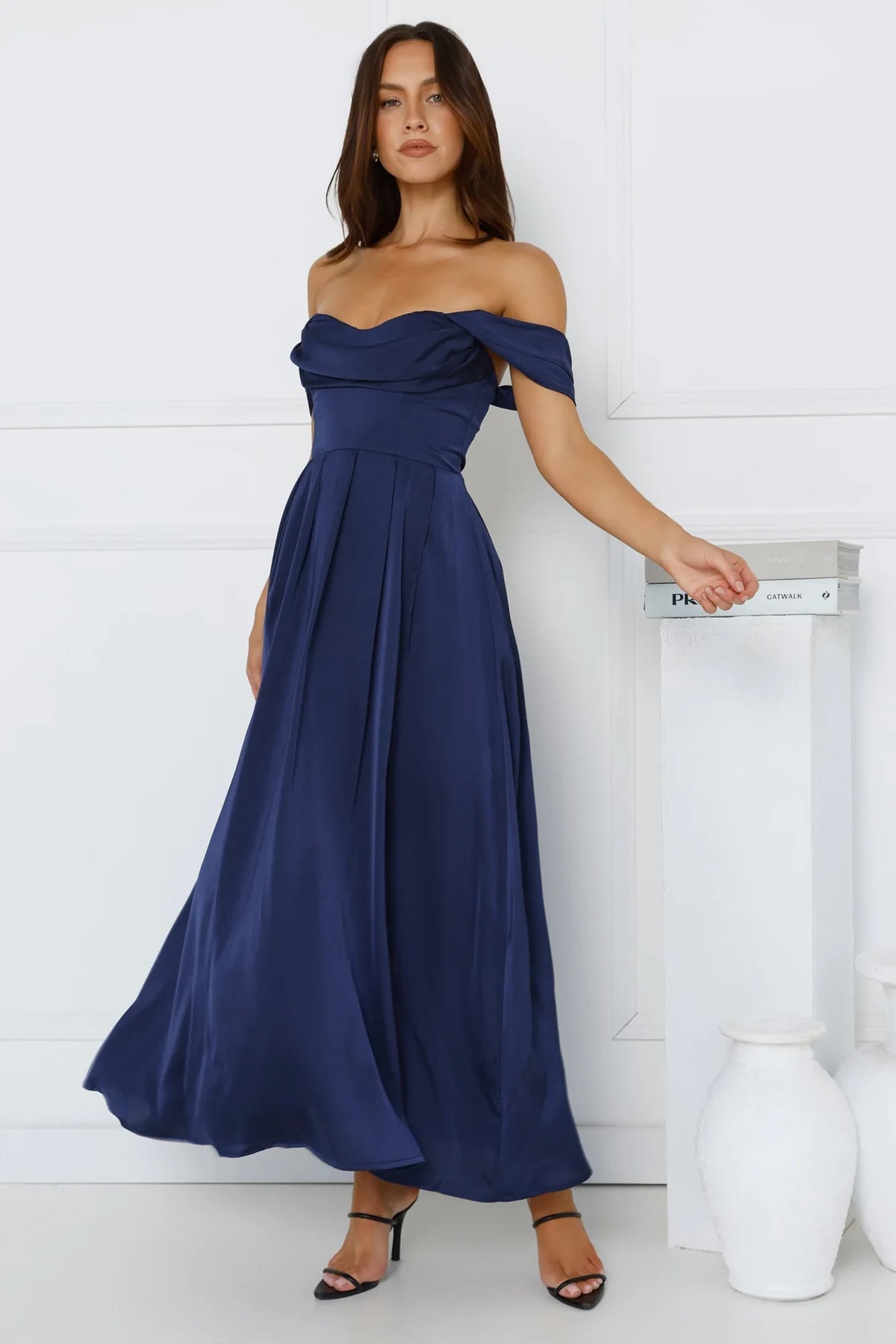 Elegant A-Line Off-Shoulder Draped Navy Blue Midi Prom Dress