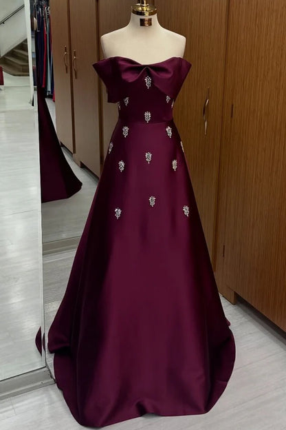 Elegant A-Line Off-Shoulder Embellished Bow Burgundy Floor-Length Prom Dress