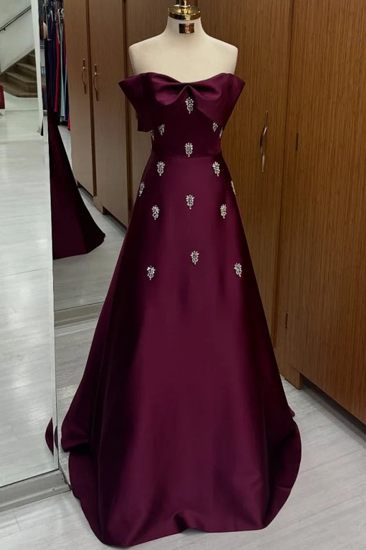 Elegant A-Line Off-Shoulder Embellished Bow Burgundy Floor-Length Prom Dress