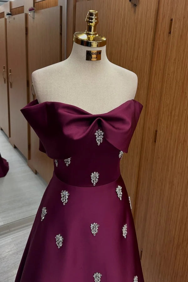 Elegant A-Line Off-Shoulder Embellished Bow Burgundy Floor-Length Prom Dress