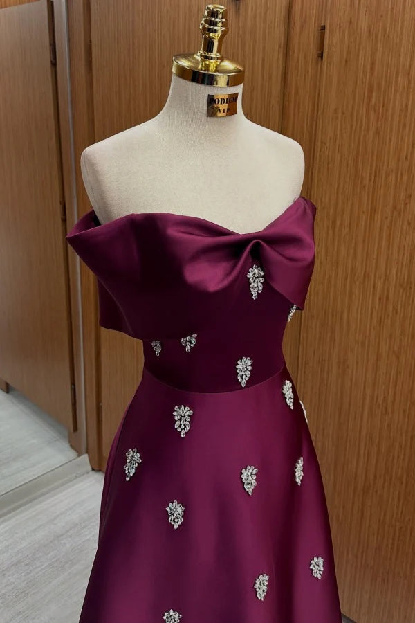 Elegant A-Line Off-Shoulder Embellished Bow Burgundy Floor-Length Prom Dress