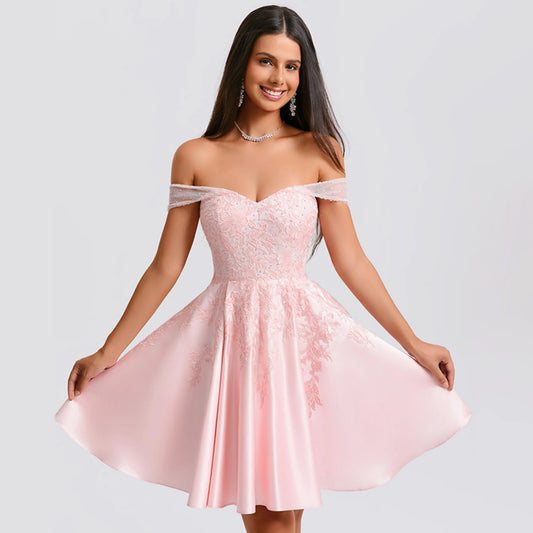 Elegant A-Line Off-Shoulder Embroidered Beaded Pink Short Homecoming Dress for Women