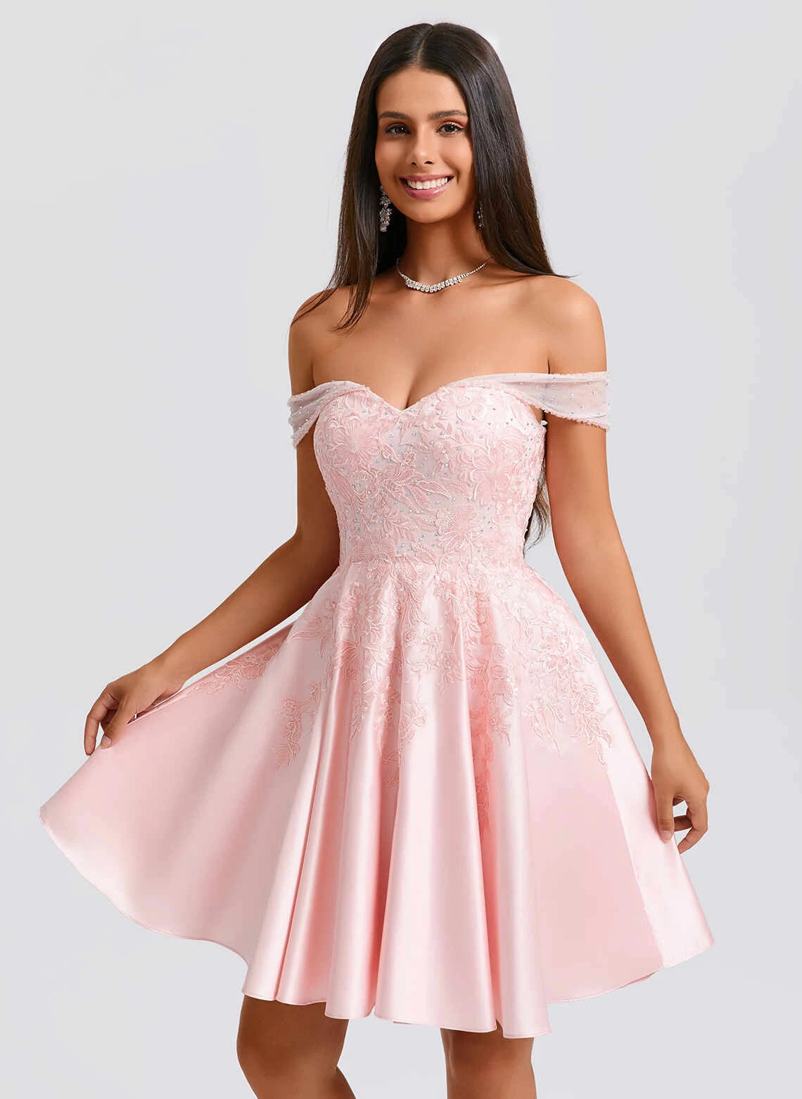 Elegant A-Line Off-Shoulder Embroidered Beaded Pink Short Homecoming Dress for Women