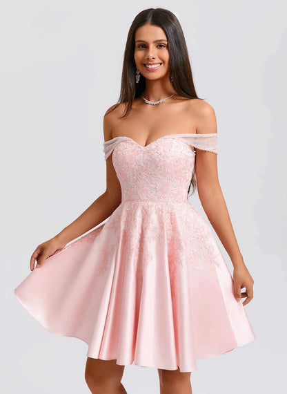 Elegant A-Line Off-Shoulder Embroidered Beaded Pink Short Homecoming Dress for Women