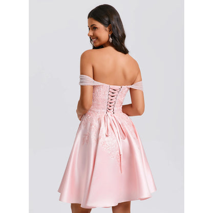 Elegant A-Line Off-Shoulder Embroidered Beaded Pink Short Homecoming Dress for Women