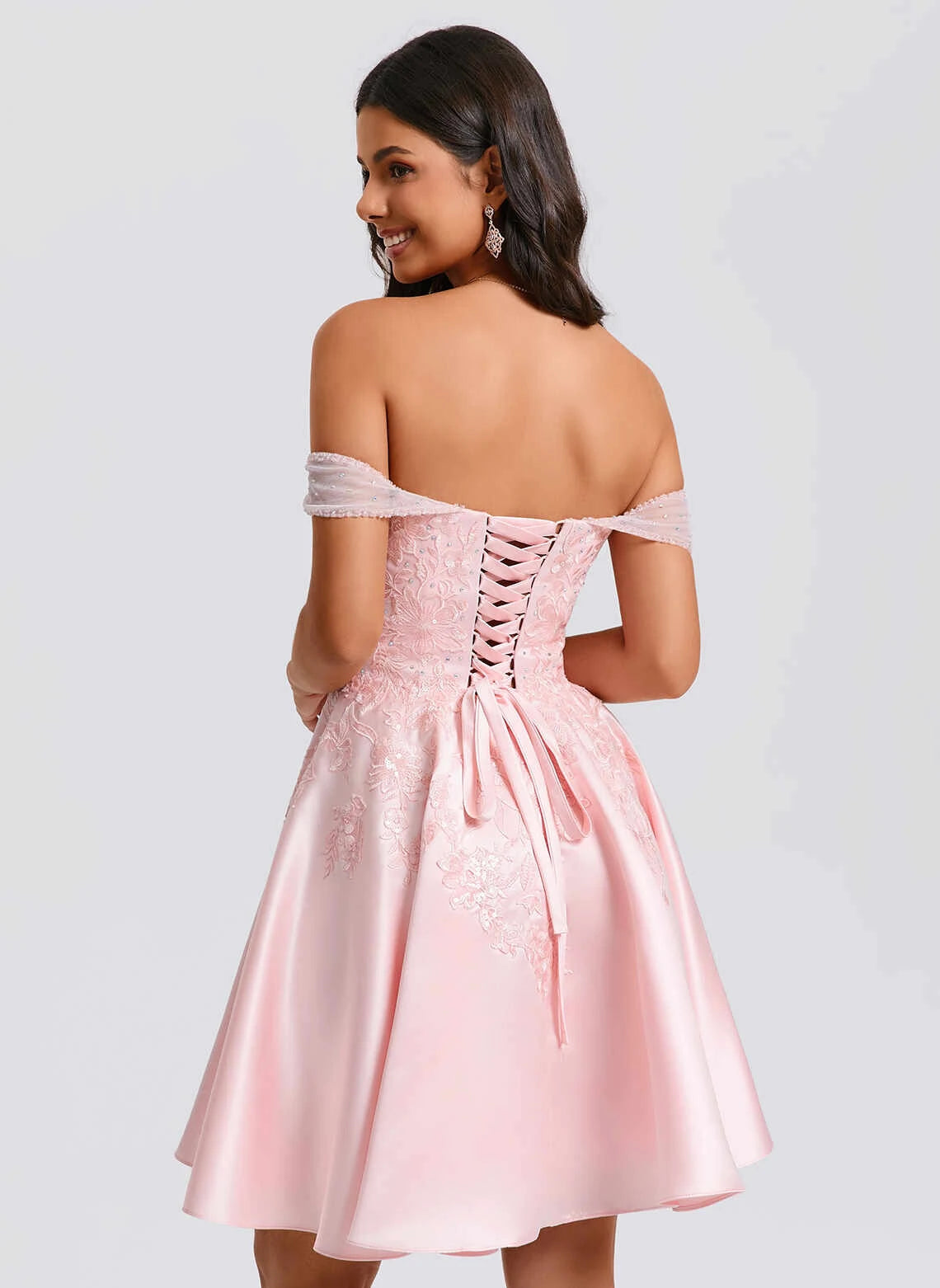 Elegant A-Line Off-Shoulder Embroidered Beaded Pink Short Homecoming Dress for Women