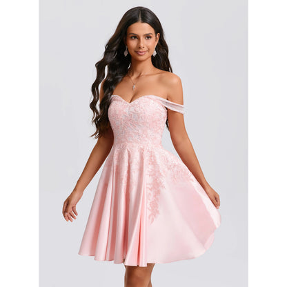Elegant A-Line Off-Shoulder Embroidered Beaded Pink Short Homecoming Dress for Women