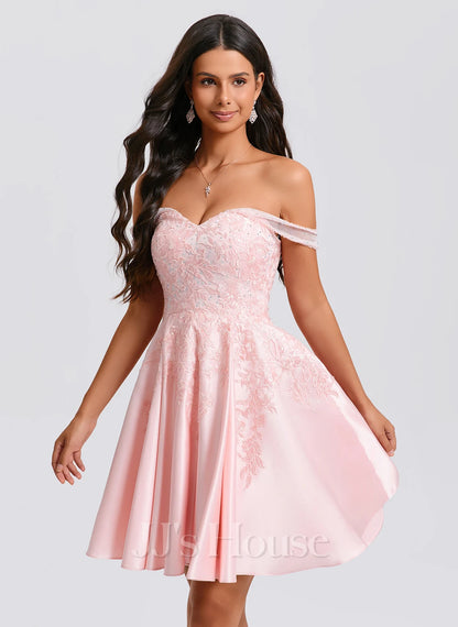 Elegant A-Line Off-Shoulder Embroidered Beaded Pink Short Homecoming Dress for Women