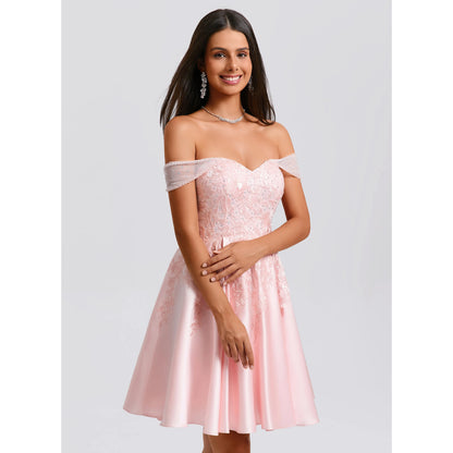 Elegant A-Line Off-Shoulder Embroidered Beaded Pink Short Homecoming Dress for Women